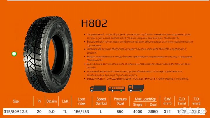 Шины 315/80R22.5 Hunterroad H802