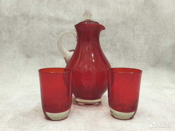 Кувшин со стаканами красный СССР рубиновое стекло
