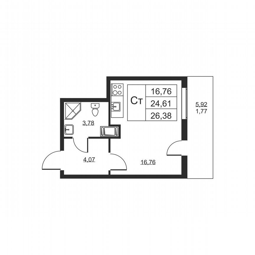 Квартира-студия, 26,4 м², 5/19 эт.