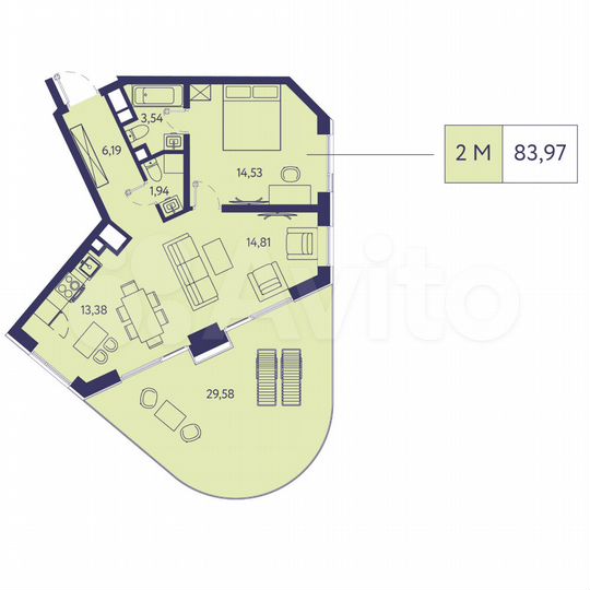 2-к. квартира, 84 м², 6/20 эт.