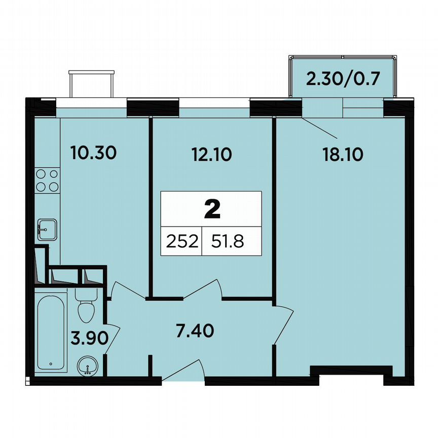 2-к. апартаменты, 51,8 м², 11/18 эт.