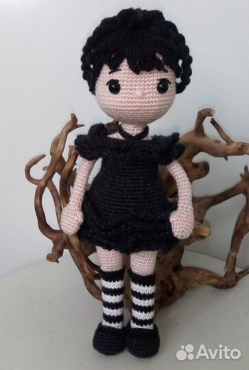 Вязаная куколка Wednesday Addams. 23 см