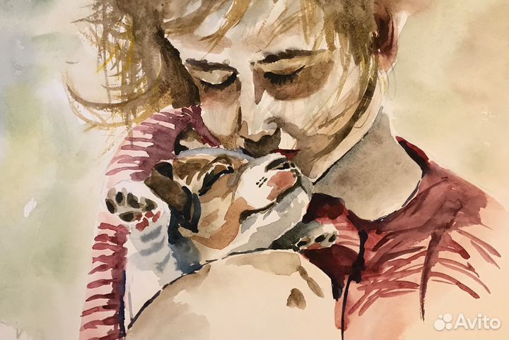 Картина Акварель Мама Дети Животные котенок