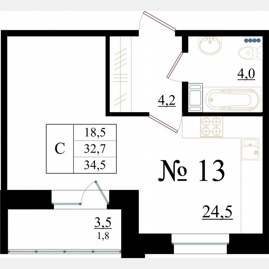 Квартира-студия, 34,5 м², 2/8 эт.