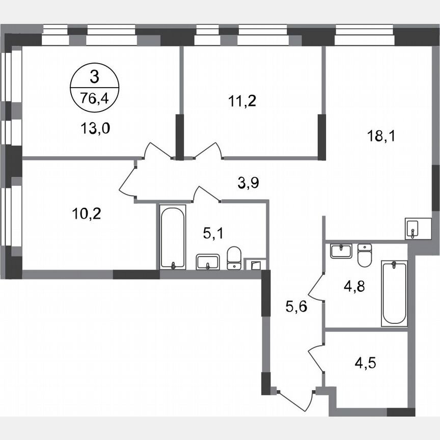 3-к. квартира, 76,4 м², 1/20 эт.
