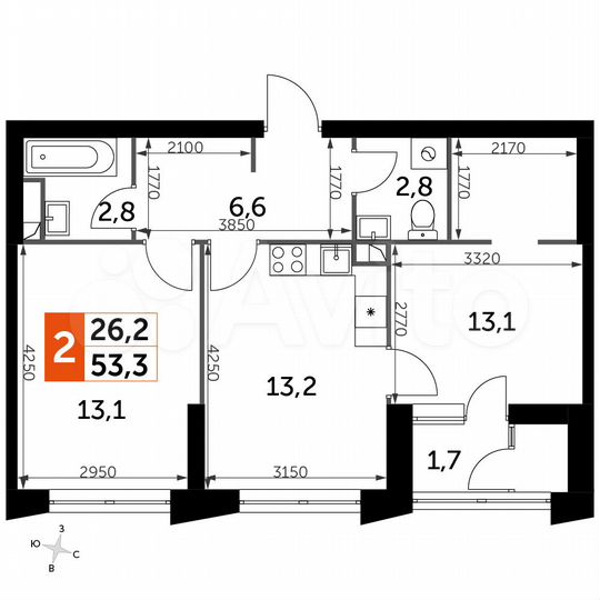 2-к. квартира, 53,3 м², 21/27 эт.