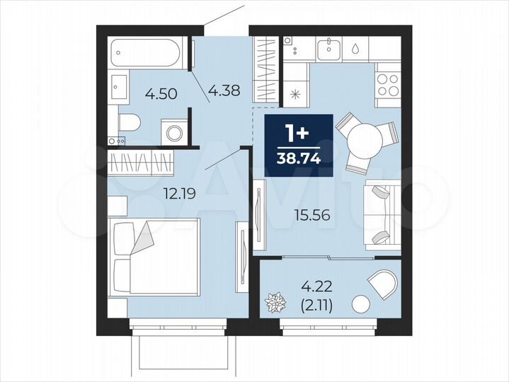 1-к. квартира, 38,7 м², 1/21 эт.