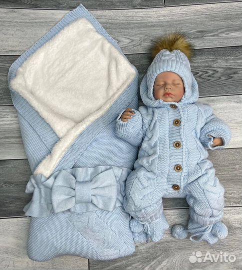 Зимний вязаный комплект на выписку