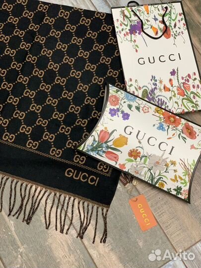 Кашемировый теплый палантин Gucci черный новый