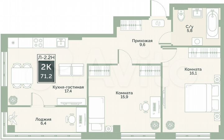 2-к. квартира, 71,2 м², 14/17 эт.