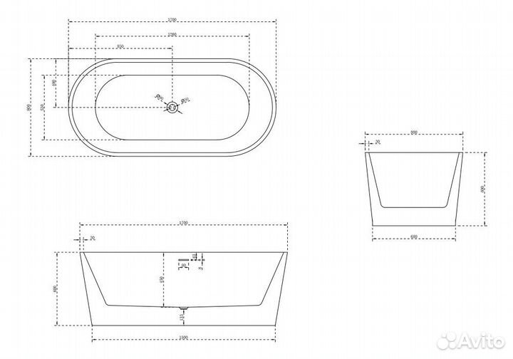 Ванна 170х80 акрил отдельностоящая овальная