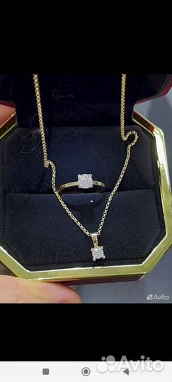 Золотая заводская цепочка с кулоном и кольцо 585