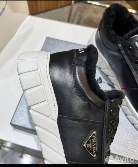 Кеды мужские Prada кожа, мех натуральный