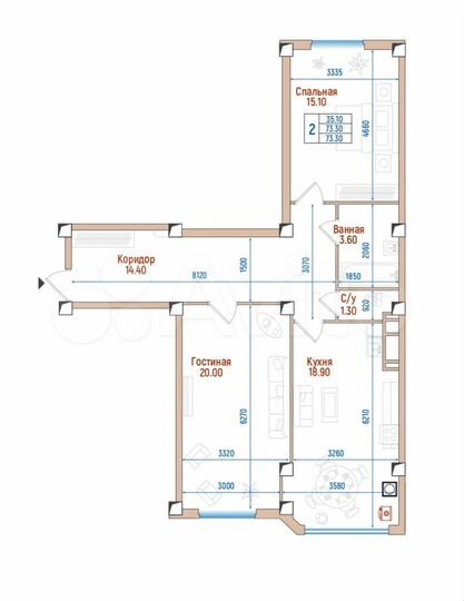 2-к. квартира, 73,3 м², 6/8 эт.