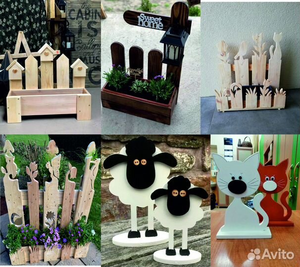 Ящик деревянный для цветов, фигуры садовые