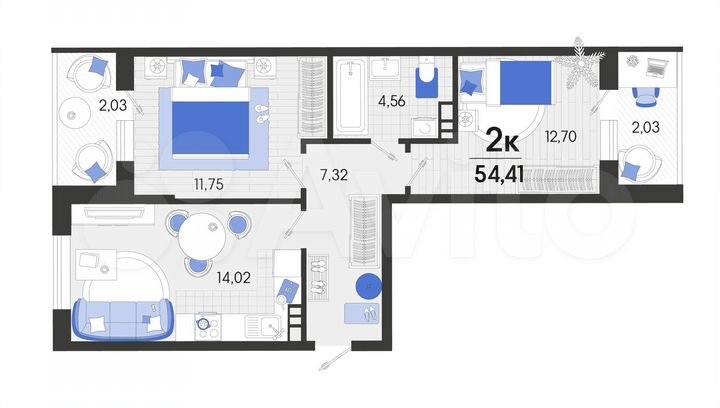 2-к. квартира, 54,4 м², 7/7 эт.