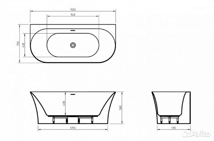 Ванна акриловая пристенная belbagno BB711 155 см