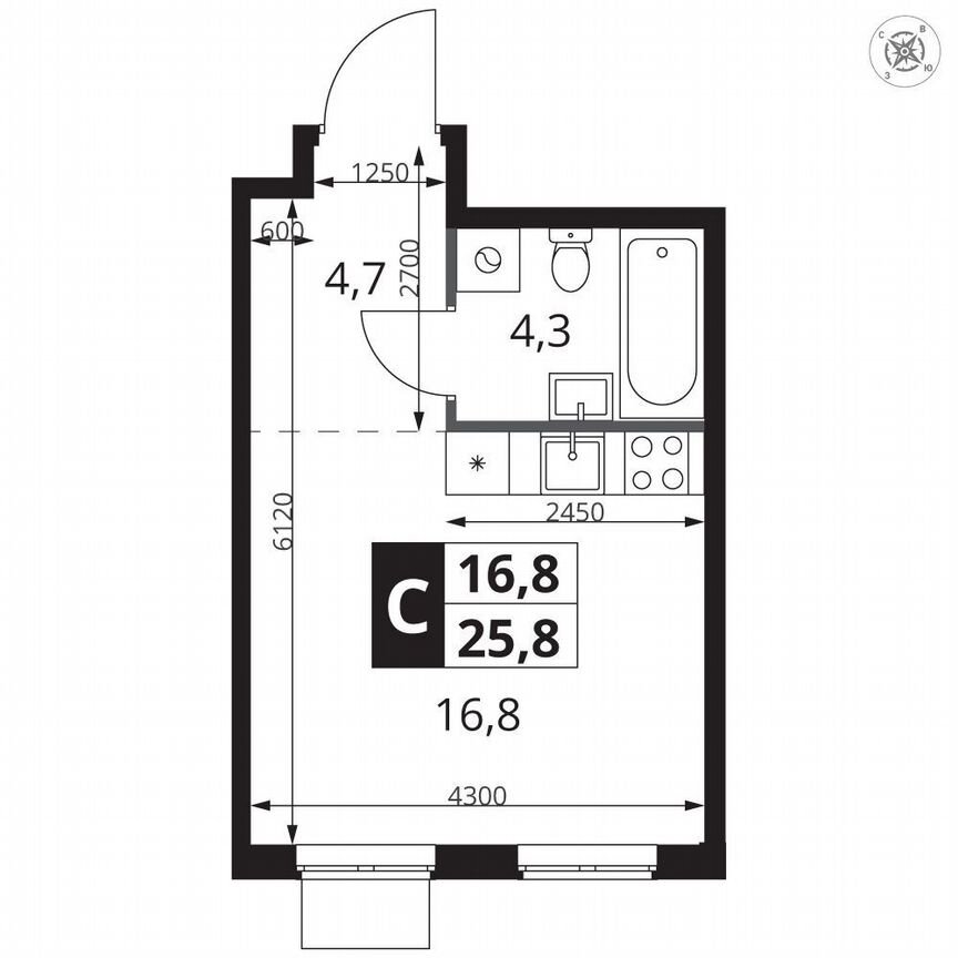 Квартира-студия, 25,8 м², 24/25 эт.