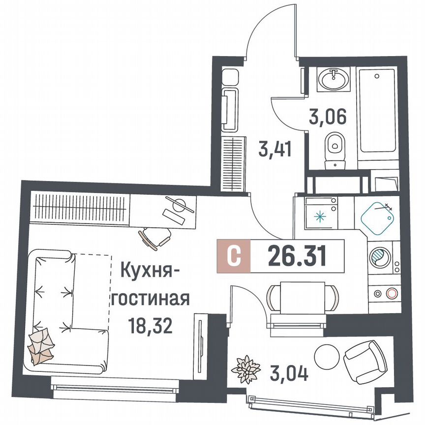 Квартира-студия, 26,3 м², 13/18 эт.