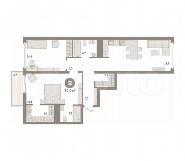 2-к. квартира, 82 м², 3/9 эт.