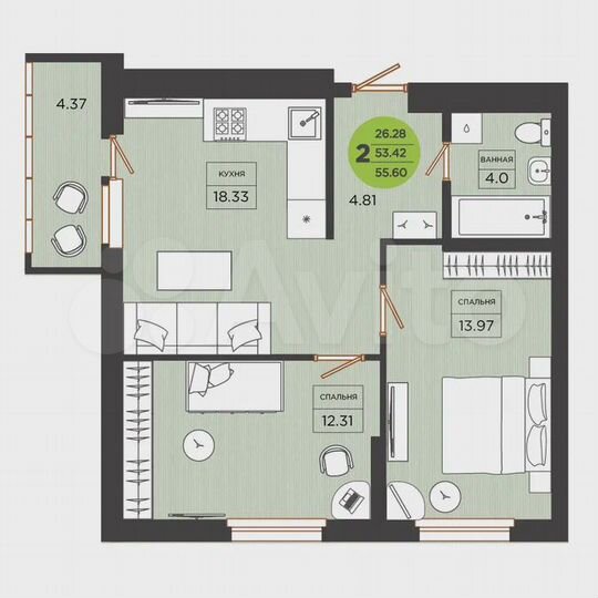 2-к. квартира, 55,6 м², 25/26 эт.