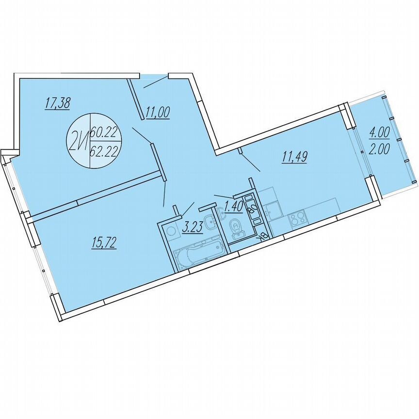 2-к. квартира, 62,2 м², 3/4 эт.