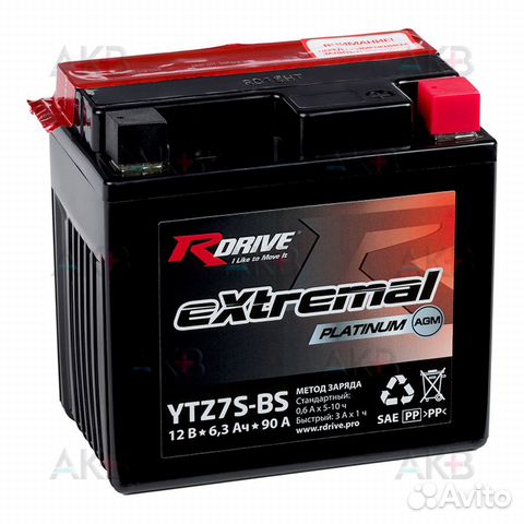 Аккумулятор для мопеда и скутера RDrive YTZ7S-BS 12V 6,3Ah 90А обр. пол. AGM (113x70x105) eXtremal p