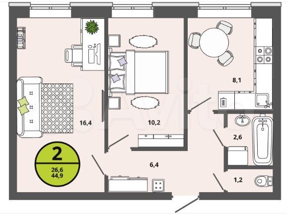 2-к. квартира, 44,9 м², 1/3 эт.