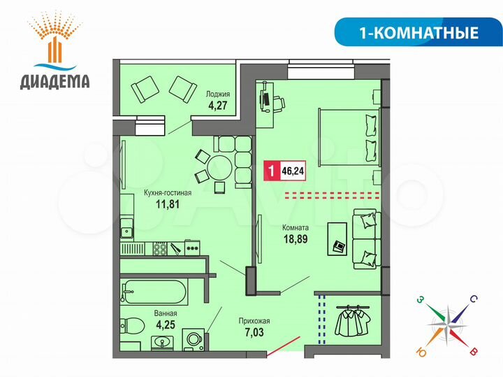 1-к. квартира, 46,2 м², 20/22 эт.