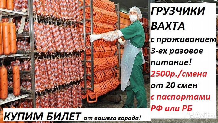 Грузчики на мясокомбинат /20смен/рф/жилье