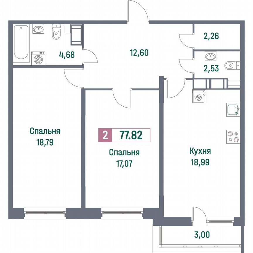 2-к. квартира, 77,8 м², 2/16 эт.