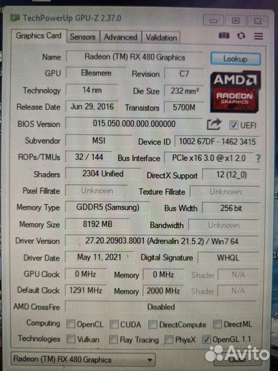 Видеокарта Msi Armor Rx 480 8Gb