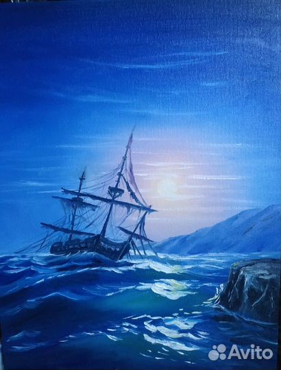 Картина маслом. Море. Корабль. восход