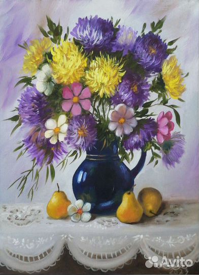 Картина маслом на холсте. Астры и груши. 50х40