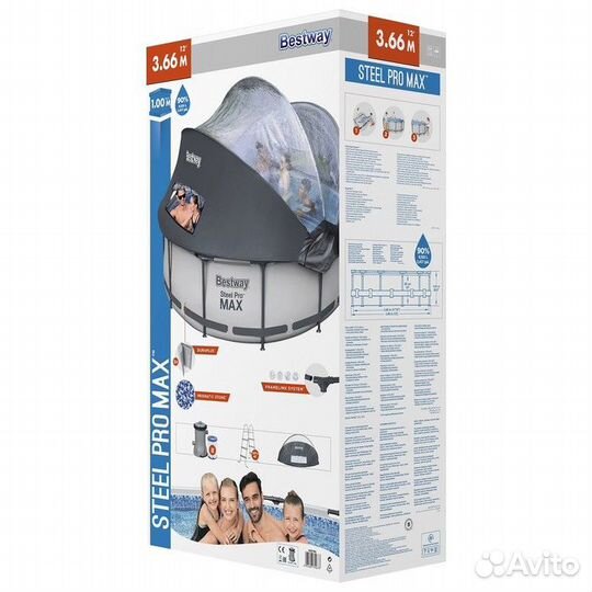 Каркасный бассейн 366х100 с куполом фильтр лестниц