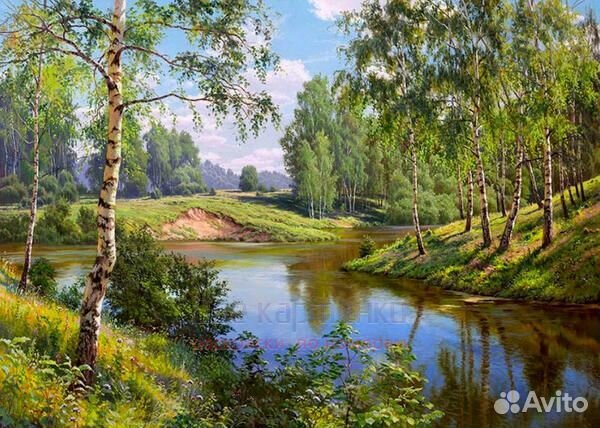 Картина по номерам 40x50 Размеренная река среди бе