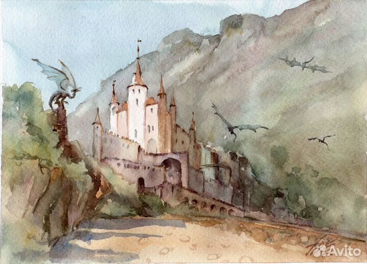 Драконы и замок Фэнтези картина акварелью Оригинал