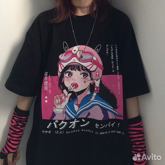 Футболка черная оверсайз с аниме принтом