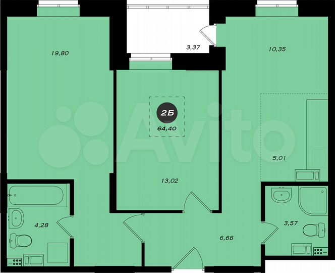 2-к. квартира, 64,4 м², 9/19 эт.