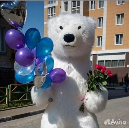 Белый мишка поздравление, аниматор, Ростовая кукла