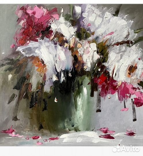 Букет белых пионов в вазе картина маслом 30*30 см