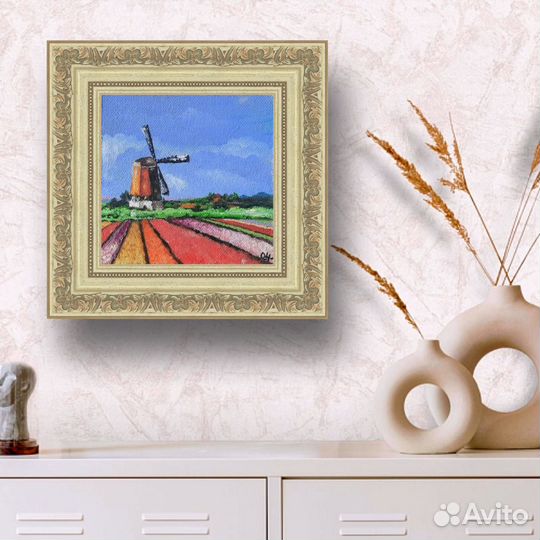 Мельница на полях Голандии.Картина маслом 20\20см