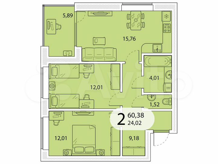 2-к. квартира, 60,4 м², 4/5 эт.
