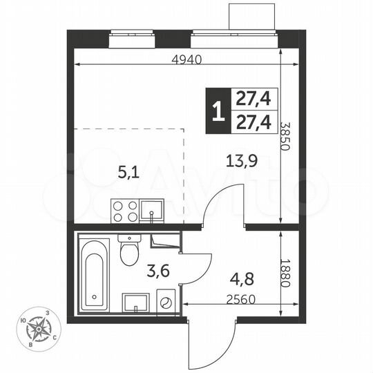 Квартира-студия, 27,5 м², 25/25 эт.