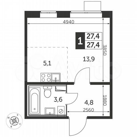 Квартира-студия, 27,5 м², 25/25 эт.