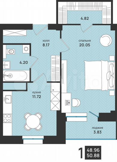 1-к. квартира, 50,9 м², 8/15 эт.