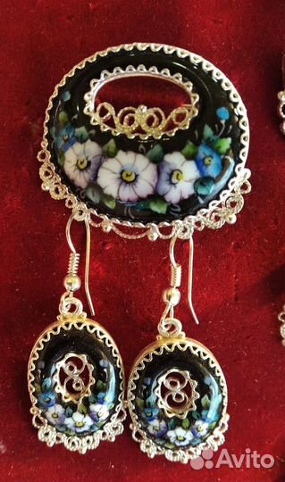 Финифть Комплект Гарнитур Брошь + Серьги Скань Ag