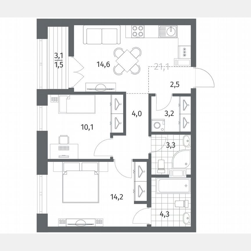 2-к. квартира, 57,7 м², 7/12 эт.