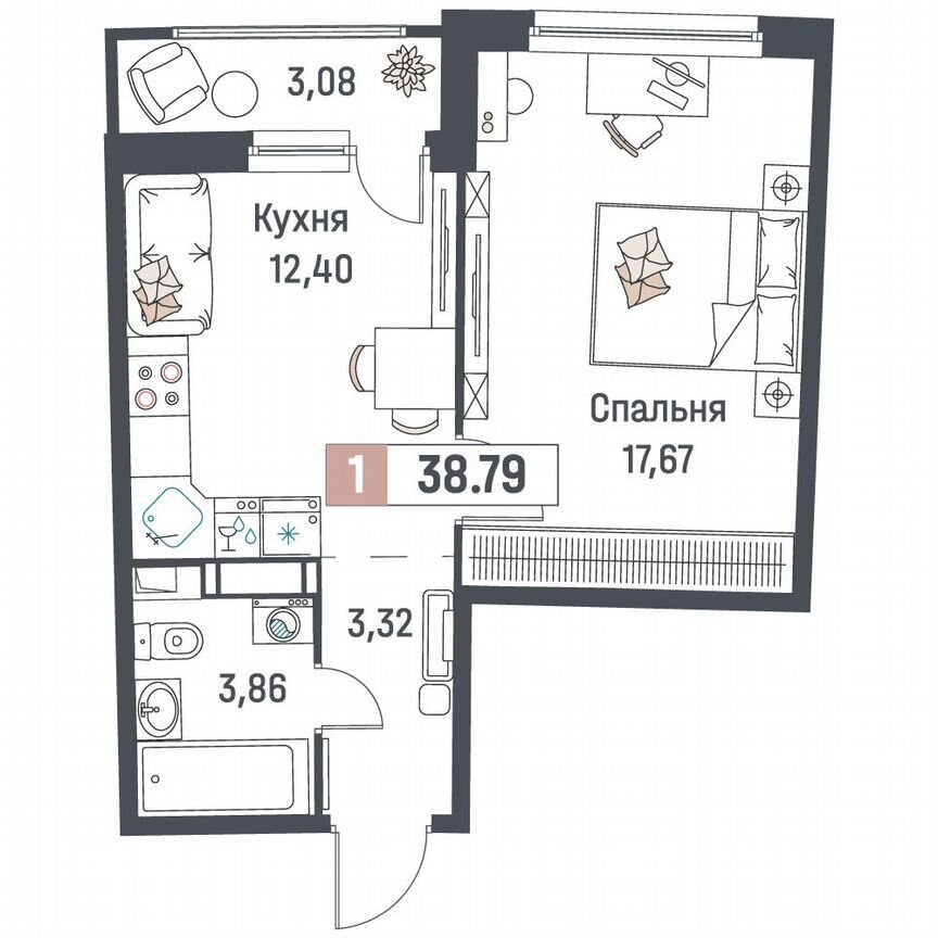 1-к. квартира, 38,8 м², 3/18 эт.