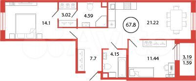 2-к. квартира, 67,8 м², 2/12 эт.